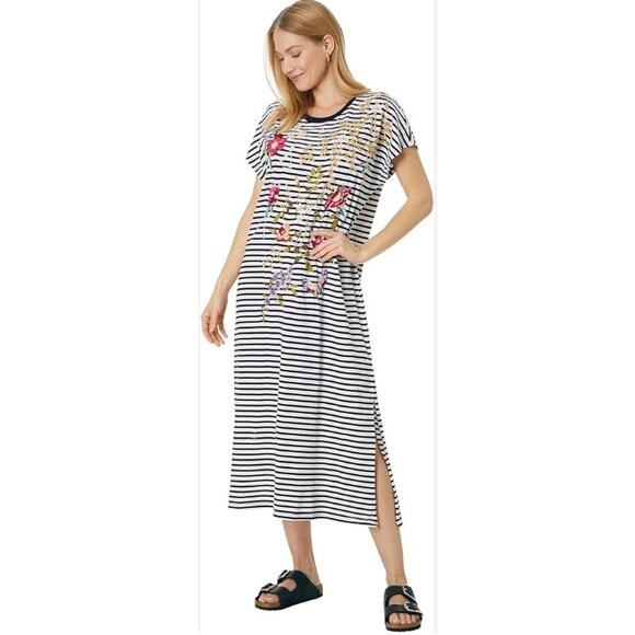 Johnny Was Osaka Striped Embroidered Short Sleeve Midi Dress - Picture 1 of 16